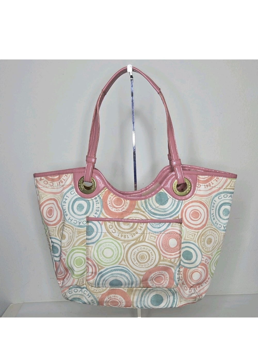 COACH Signature F19184 Beach Print Tote Bag Geometric Logo Retro MCM Y2k Pastel